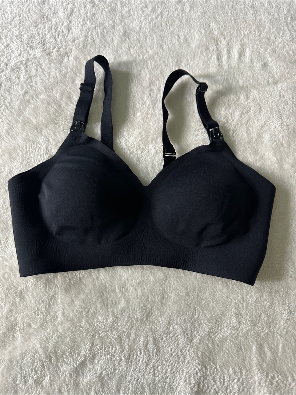 MomCozy Seamless Black Wireless Nursing Bra with Clip-Down Straps